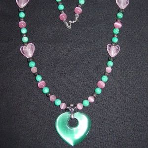 Pink Blue Beads Glass Heart Pendant Necklace